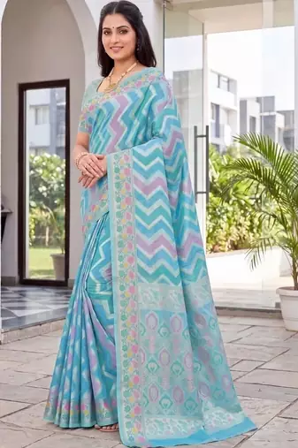 Blue woven design zari art silk fusion banarasi saree