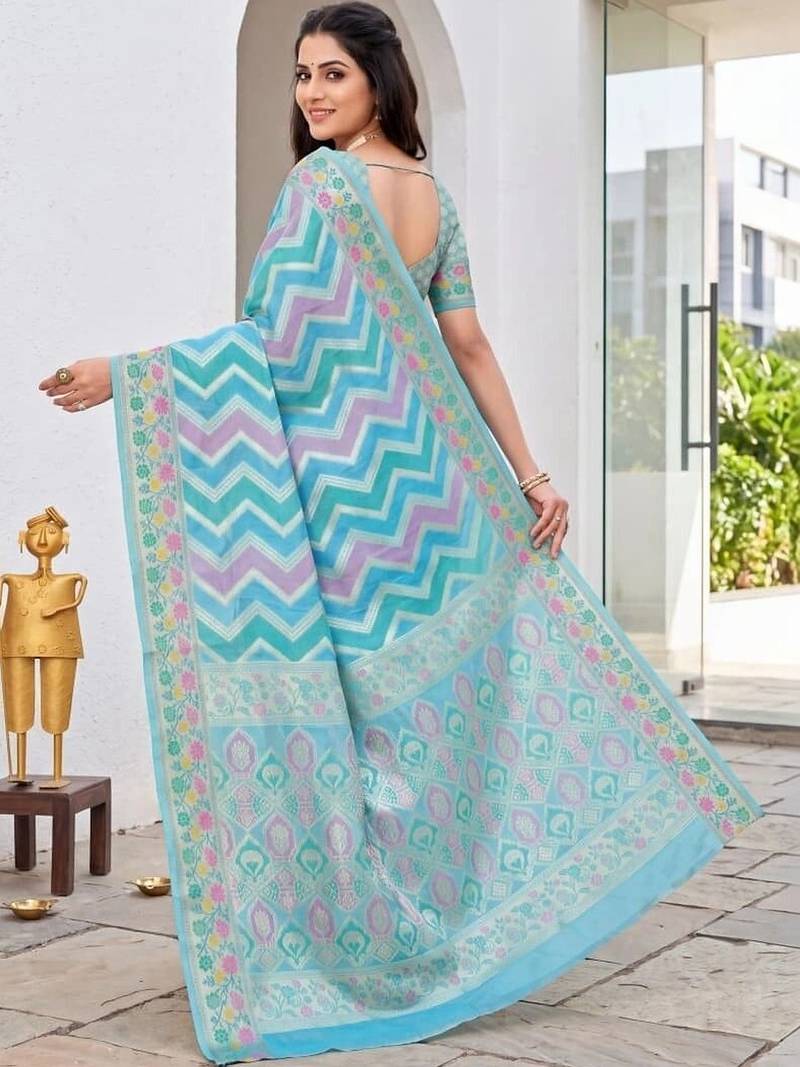 Blue woven design zari art silk fusion banarasi saree