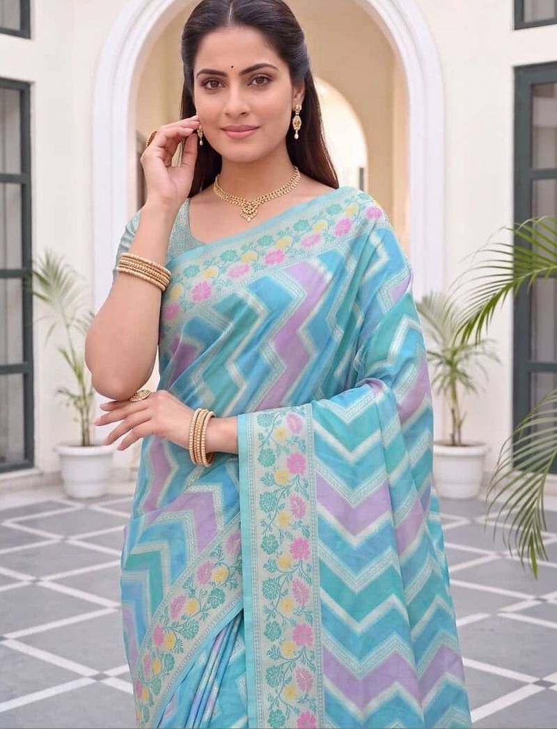 Blue woven design zari art silk fusion banarasi saree