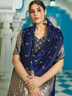 Navy blue woven design zari silk blend designer banarasi saree 1