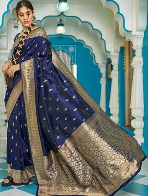 Navy blue woven design zari silk blend designer banarasi saree 2