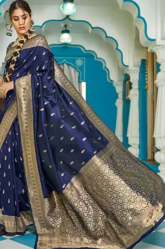 Navy blue woven design zari silk blend designer banarasi saree