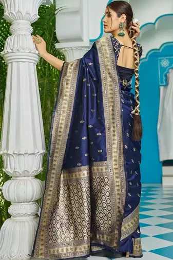 Navy blue woven design zari silk blend designer banarasi saree