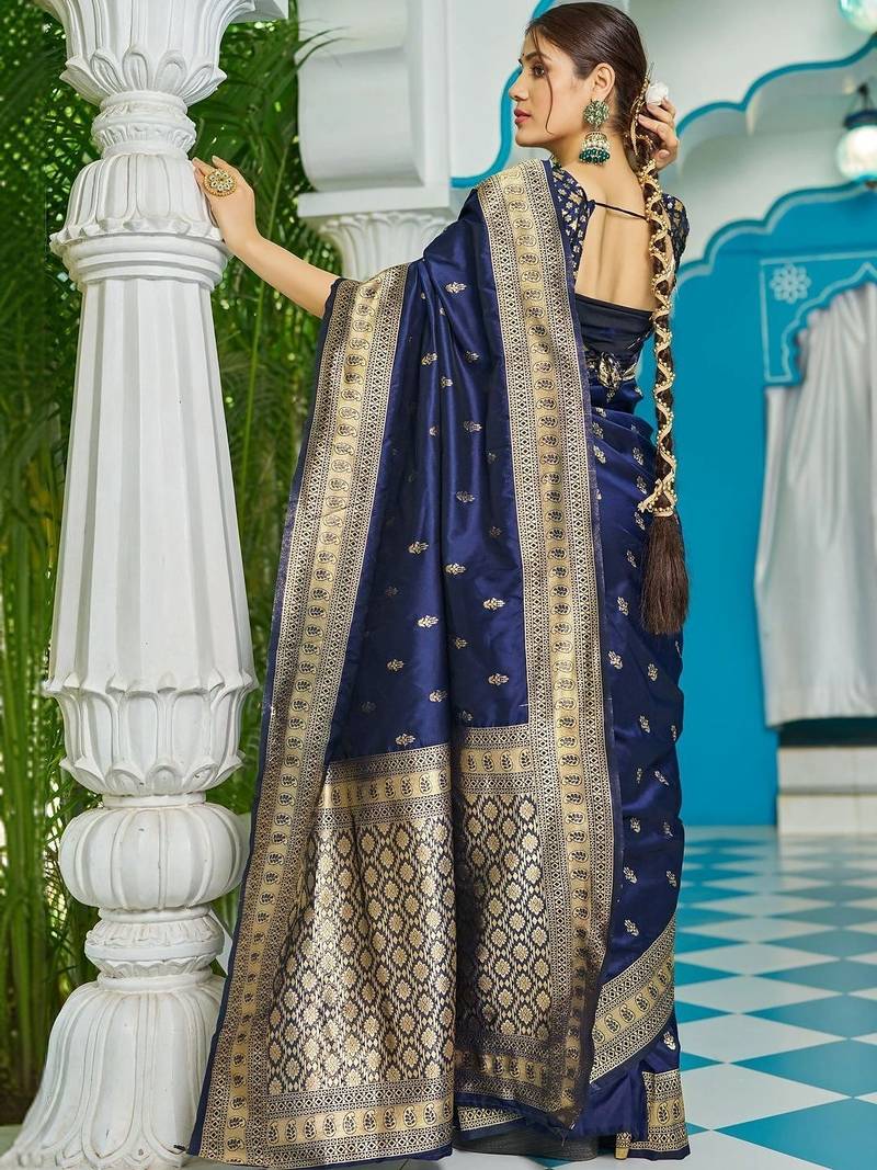 Navy blue woven design zari silk blend designer banarasi saree