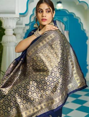 Navy blue woven design zari silk blend designer banarasi saree 4