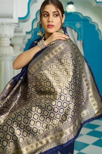 Navy blue woven design zari silk blend designer banarasi saree