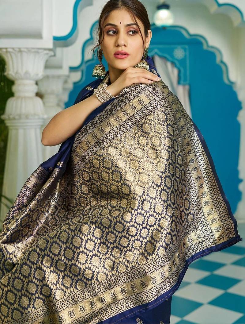 Navy blue woven design zari silk blend designer banarasi saree