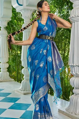 Blue woven design zari silk blend designer kanjeevaram saree