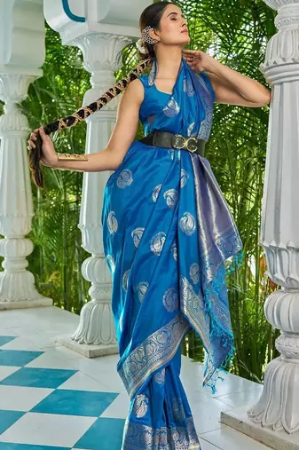Blue woven design zari silk blend designer kanjeevaram saree