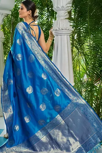 Blue woven design zari silk blend designer kanjeevaram saree