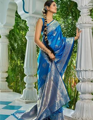 Blue woven design zari silk blend designer kanjeevaram saree 3