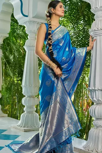 Blue woven design zari silk blend designer kanjeevaram saree