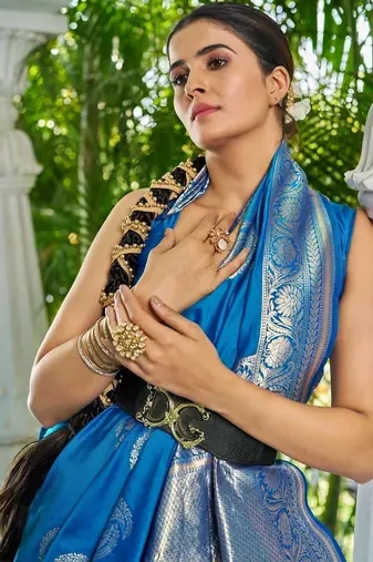 Blue woven design zari silk blend designer kanjeevaram saree