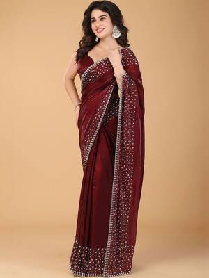 Maroon beads and stones organza saree 2