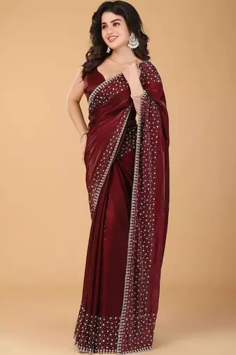 Maroon beads and stones organza saree