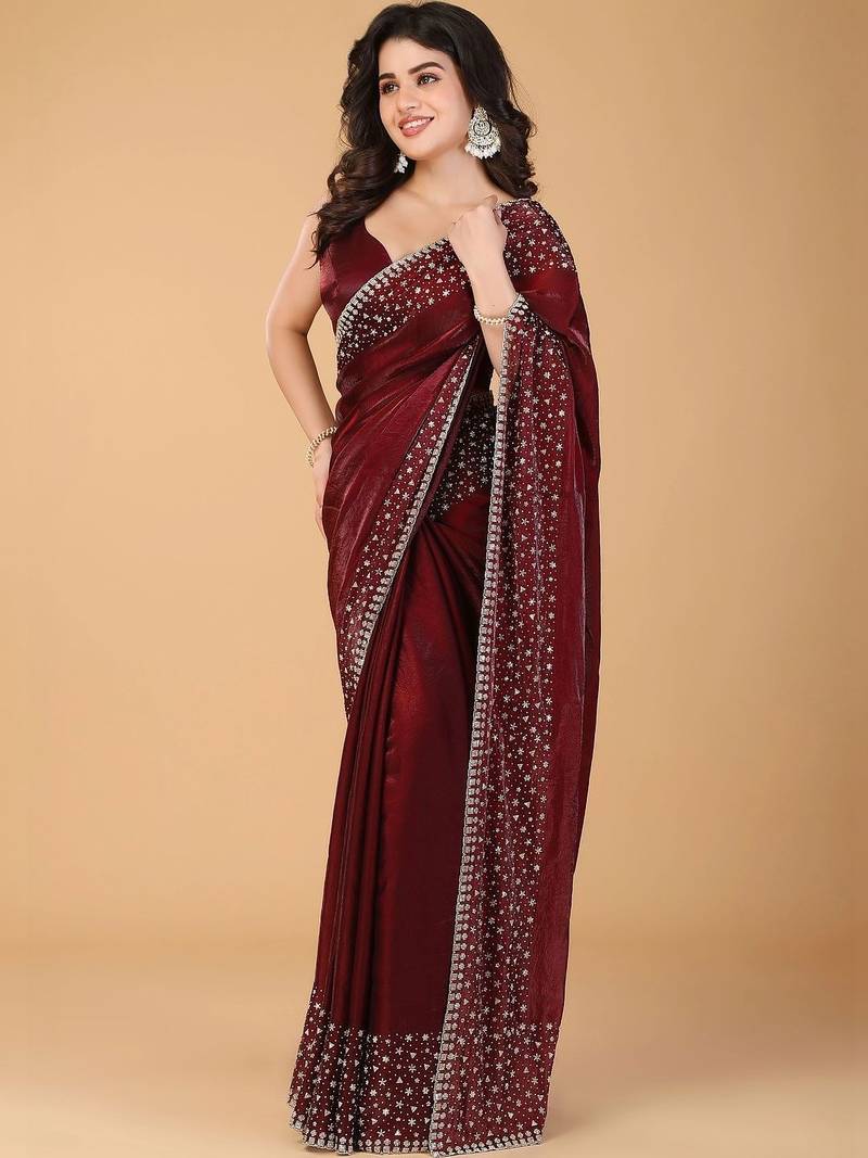 Maroon beads and stones organza saree