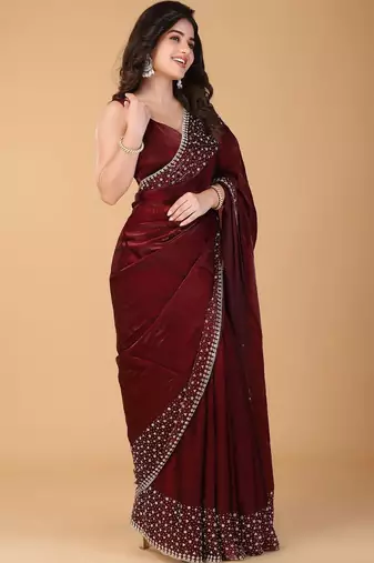 Maroon beads and stones organza saree