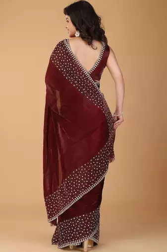 Maroon beads and stones organza saree