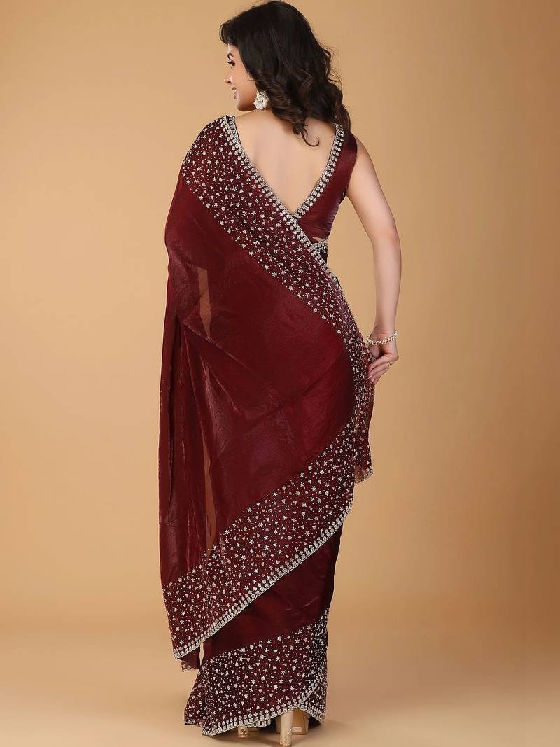 Maroon beads and stones organza saree