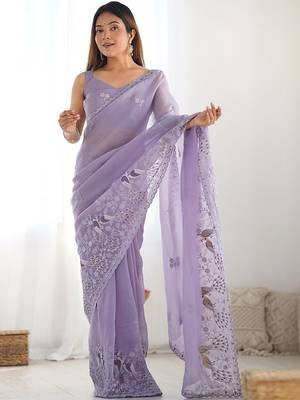 Lavender ethnic motifs embroidered art silk saree with unstiched blouse piece 1