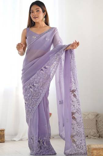 Lavender ethnic motifs embroidered art silk saree with unstiched blouse piece