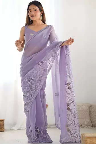 Lavender ethnic motifs embroidered art silk saree with unstiched blouse piece