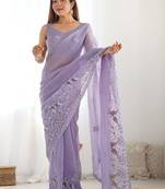 Lavender ethnic motifs embroidered art silk saree with unstiched blouse piece