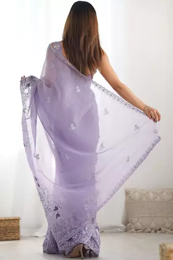 Lavender ethnic motifs embroidered art silk saree with unstiched blouse piece