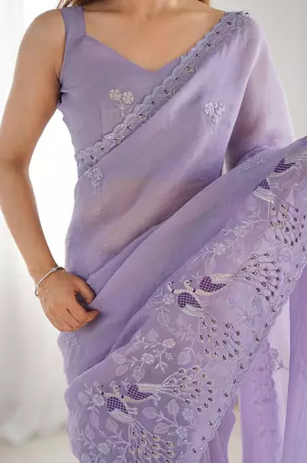 Lavender ethnic motifs embroidered art silk saree with unstiched blouse piece