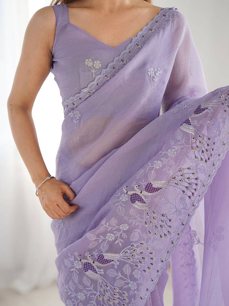 Lavender ethnic motifs embroidered art silk saree with unstiched blouse piece