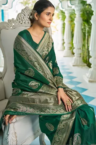 Green woven design zari silk blend designer kanjeevaram saree