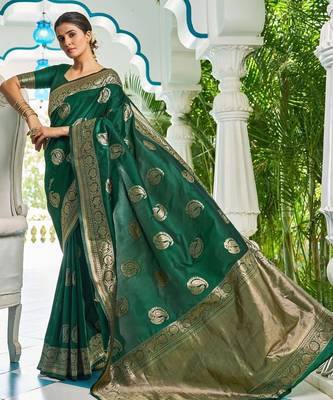 Green woven design zari silk blend designer kanjeevaram saree 3