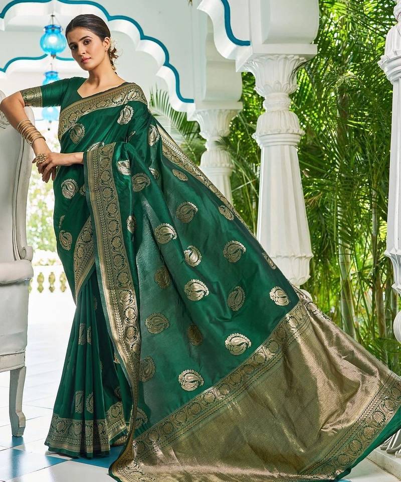 Green woven design zari silk blend designer kanjeevaram saree