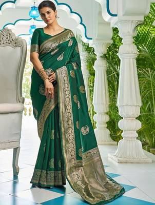 Green woven design zari silk blend designer kanjeevaram saree 4
