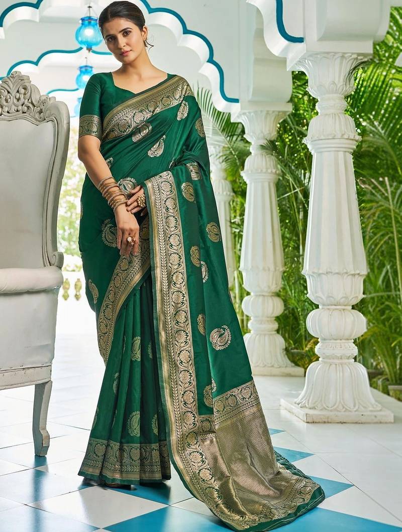Green woven design zari silk blend designer kanjeevaram saree