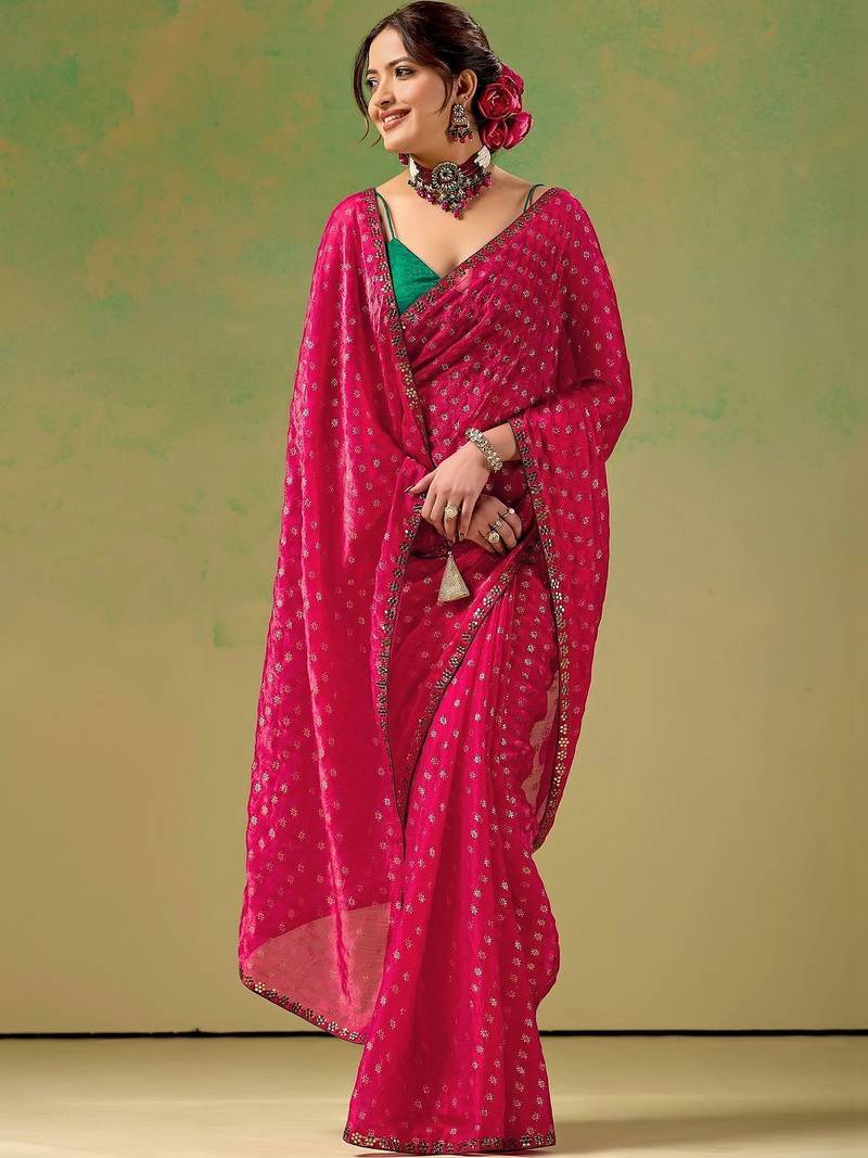 Magenta embellished zari tissue saree