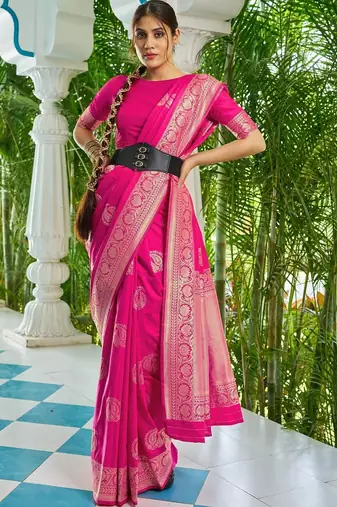 Pink woven design zari silk blend designer kanjeevaram saree