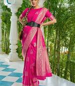 Pink woven design zari silk blend designer kanjeevaram saree