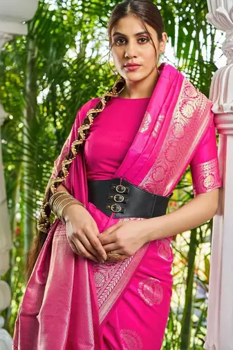 Pink woven design zari silk blend designer kanjeevaram saree