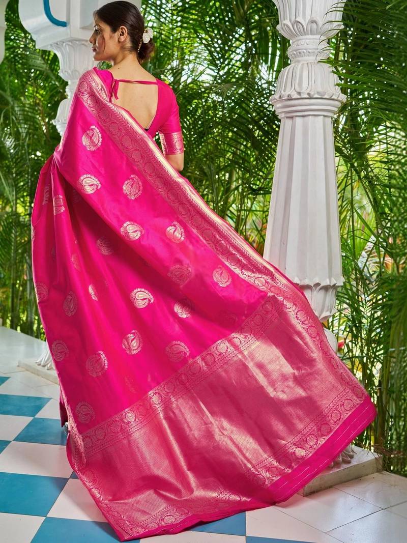 Pink woven design zari silk blend designer kanjeevaram saree