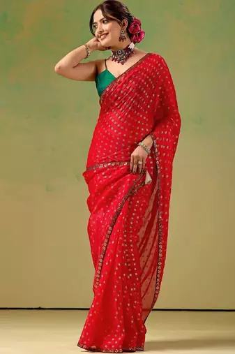 Red zari tissue saree