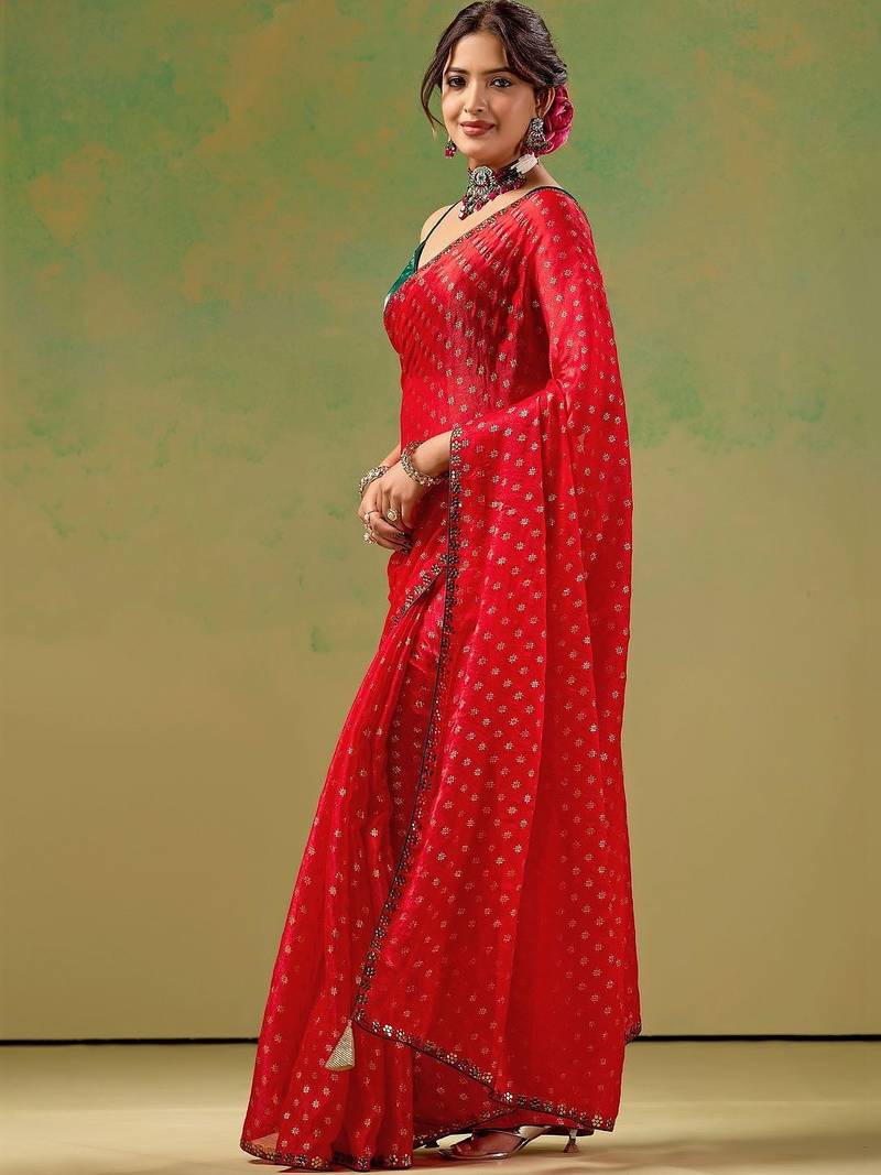 Red zari tissue saree