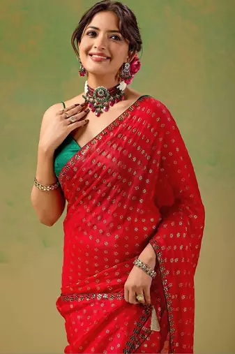 Red zari tissue saree