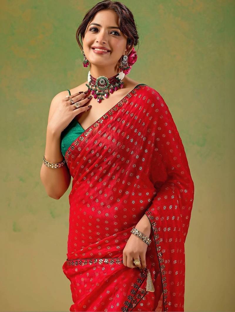 Red zari tissue saree