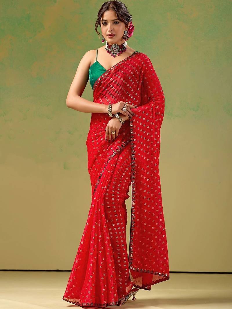 Red zari tissue saree