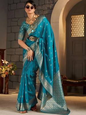 Teal woven design zari silk blend designer banarasi saree 1