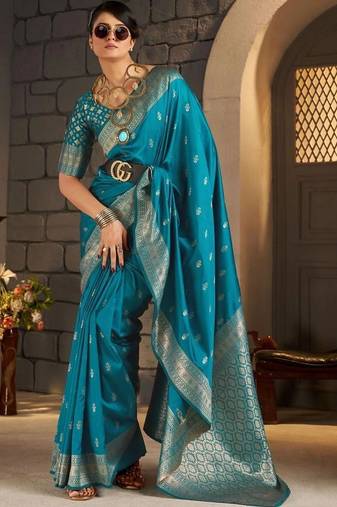 Teal woven design zari silk blend designer banarasi saree