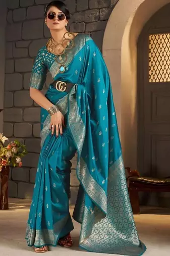 Teal woven design zari silk blend designer banarasi saree