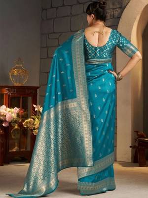 Teal woven design zari silk blend designer banarasi saree 2