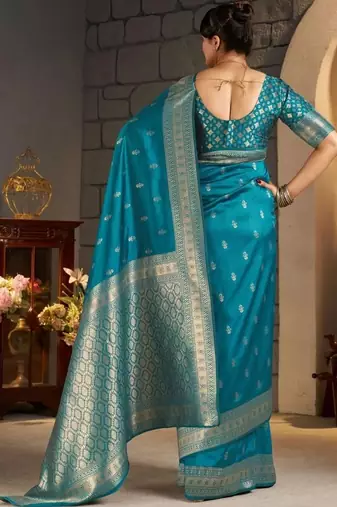 Teal woven design zari silk blend designer banarasi saree